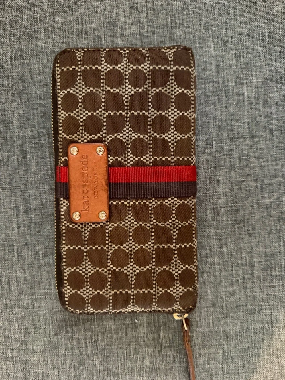 Kate Spade brown and red stripe geo print full zip wallet
